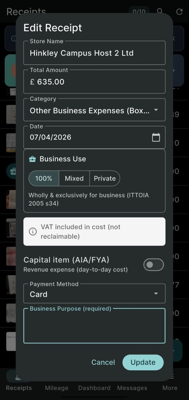 PocketReceipt edit screen showing editable store name, total amount, category, date, business-use split and payment method.