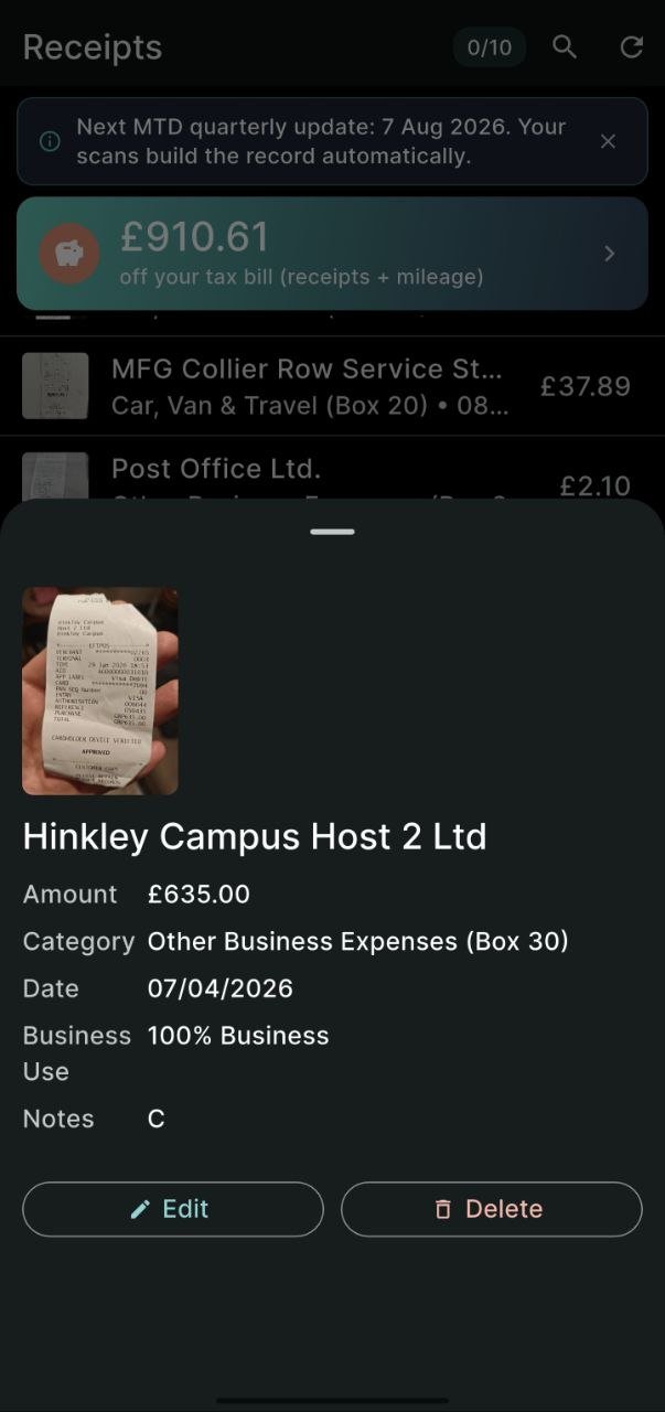 PocketReceipt showing a scanned receipt from Hinkley Campus Host 2 Ltd with the amount £635.00, category Other Business Expenses (Box 30) and date read automatically.