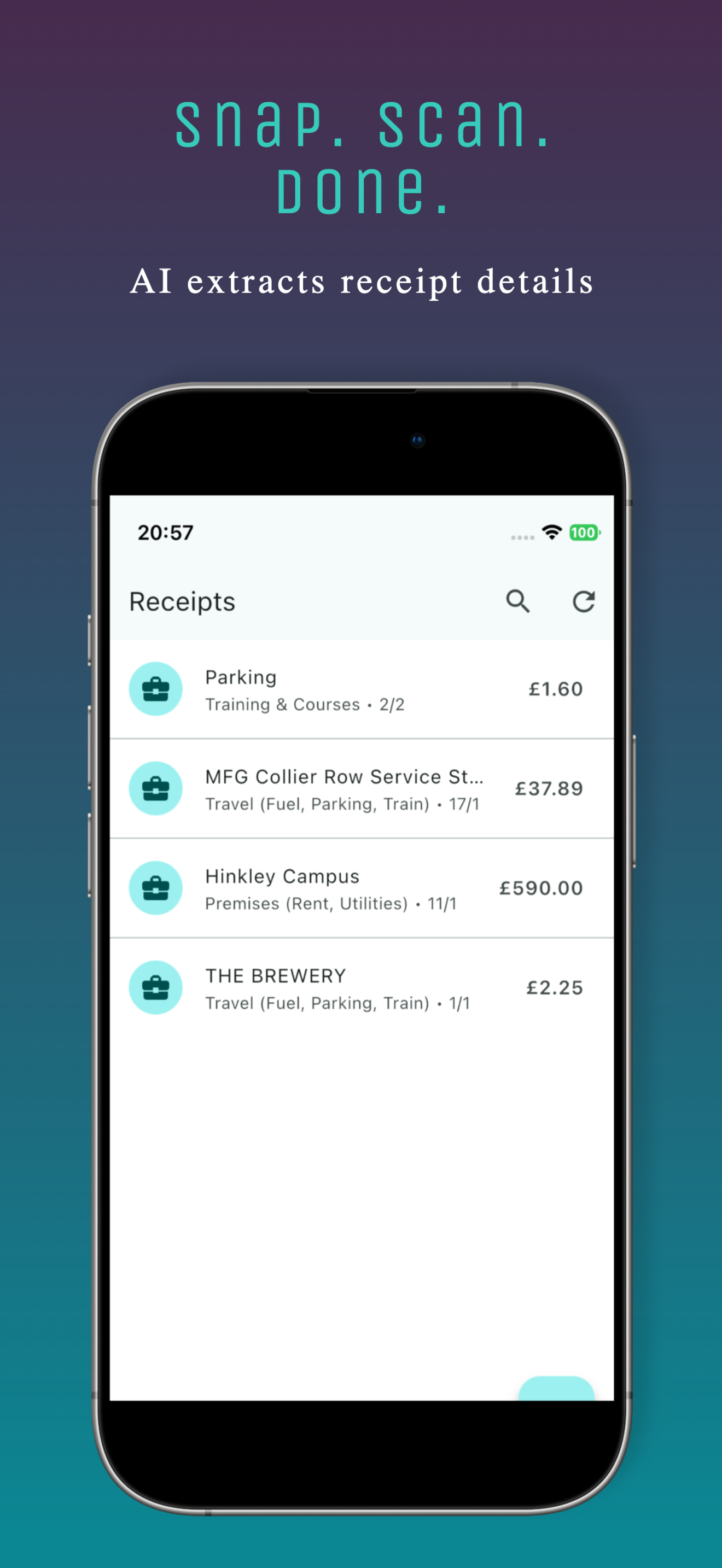 PocketReceipt app showing receipt list